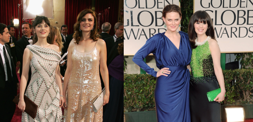 On the left, Zooey and Emily in 2005; on the right, Emily and Zooey in 2012.