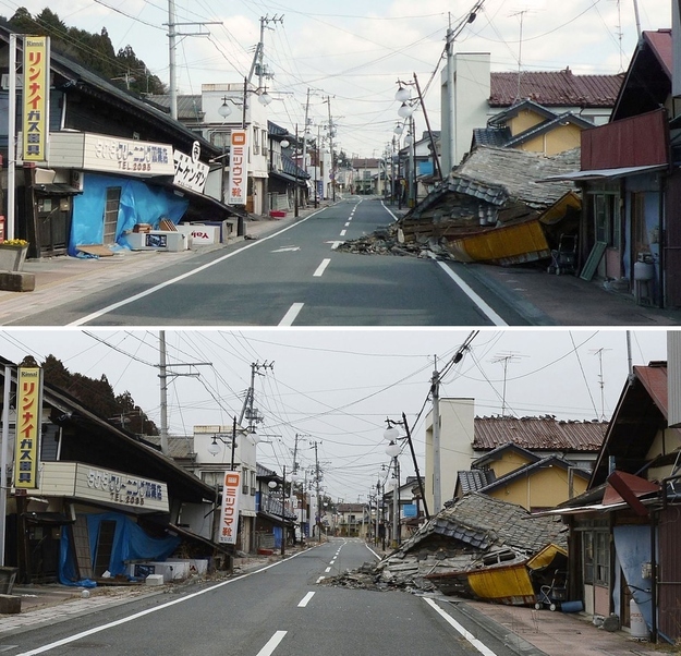 A street in Futaba in the exclusion zone around the power plant. Top: April 2011. Bottom: March 2013.