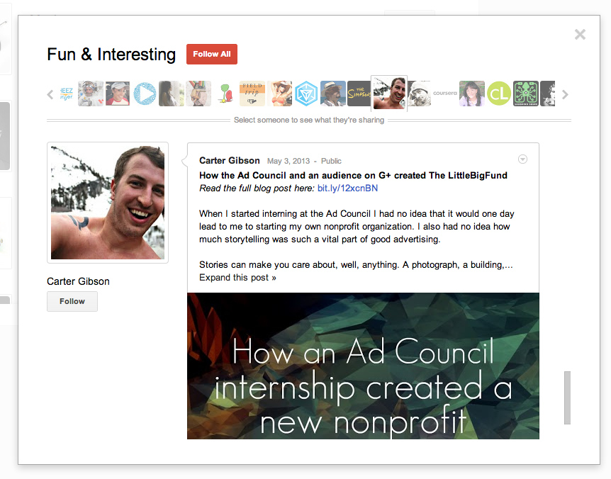 There I am! That's what it looks like to be on the Suggested User List. This list is what every new user sees when they sign up for Google+.