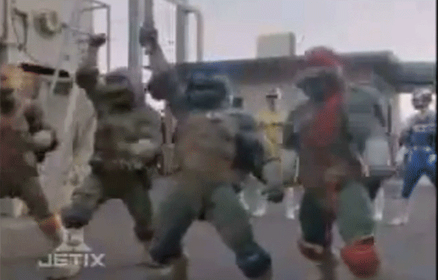 When the two crime-fighting groups met, the Pink Ranger said, "So the Teenage Mutant Ninja Turtles are for real?" That's some meta stuff, right there. Also, a valid question.
