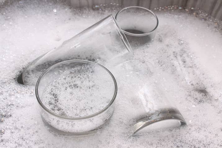 It's good to do the glassware before you wash anything greasy that might smear on the glass.