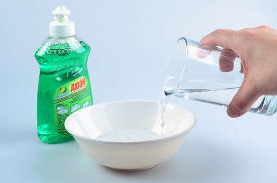 Most people use way too much soap when they do the dishes, which means it takes longer to clean off that soap. Instead, use a soap bowl: Squirt a tablespoon of soap in a shallow bowl and add a cup of water. When you need more soap, dip your sponge into the bowl.