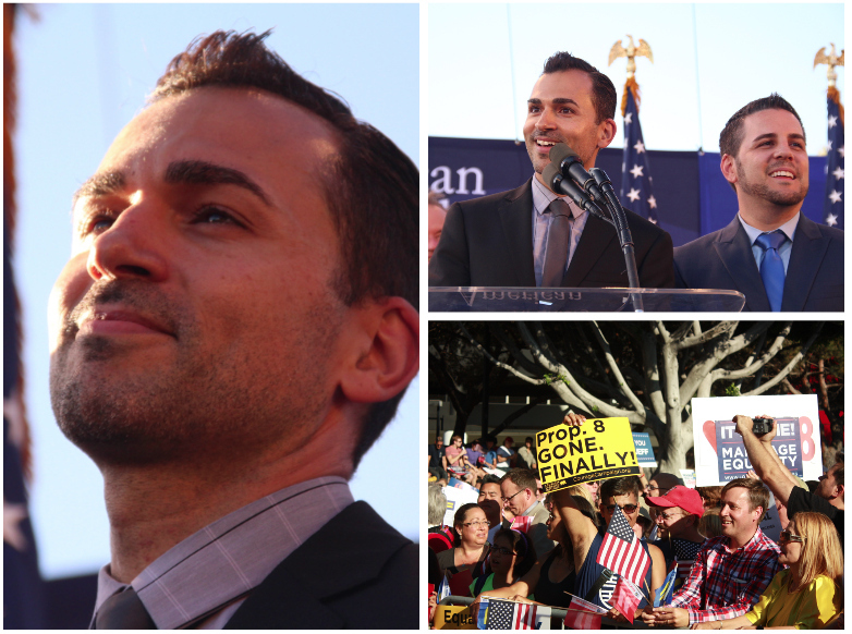 "It's not every day you get a marriage proposal on national TV and then get a phone call from Air Force One," Jeff Zarrillo told a three hundred person crowd of cheering and tearful supporters gathered to celebrate the Supreme Court ruling on Proposition 8. Zarrillo along with his partner, Paul Kamati, were plaintiffs in the lawsuit that brought down the California ban on same-sex marriage. President Obama called to congratulate the couple after the ruling was announced. Kamati told the President near the end of the call: "You're invited to the wedding." Zarrillo said the two plan to celebrate by "snuggling up with our doggies" inside their home in Burbank, California.