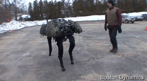 This is the "big dog" - he's an all-terrain robot that can travel through some tough environments and keep its balance - all by itself.