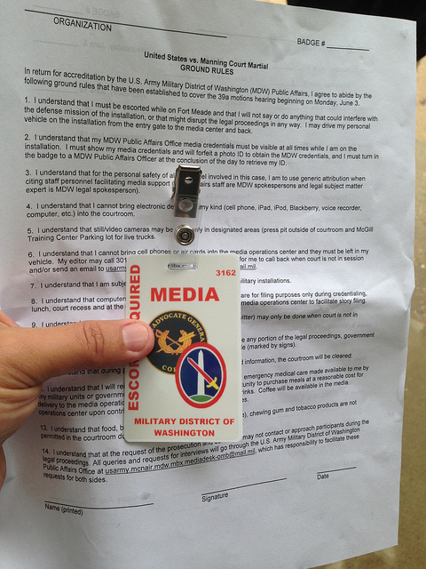 The release all journalists must sign before they are allowed to enter the courtroom or media center.