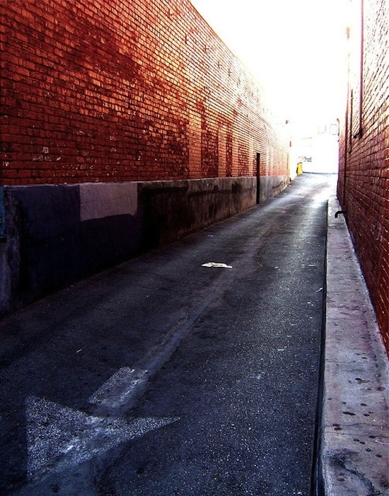 "The image was taken three years ago, on August 24, while I was spending my birthday in Chinatown taking street pics...that particular alley is on the north side of 835 N. Broadway, looking toward Tak Shing Hong, which sells Chinese herbs and groceries...It was the golden hour, and the fiery glow of late sun on the red painted bricks made the alley look like a portal to another world...I took an uncharacteristically long time to set up this shot and then took just one, because the moment passed very quickly...I have gone back to that alley several times, but it has never looked the same." -- Elaine Layabout