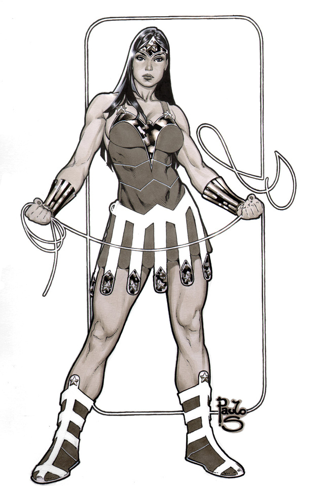 This Wonder Woman by Brazilian artist Paulo Siqueira is amazing. Reminds me of a cross between a boxer and traditional Greek warrior.And oh, look, STRAPS. (Sensing a trend here?)