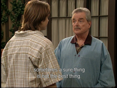 Of course, dependent on the weather, the sweater's weight and style can be altered. Here Feeny is donning a sexy blue cardigan, and it is working overtime for him.Plus, look at adorable Eric, emulating Mr. Feeny's love for plaid. So. Cute. So cute.