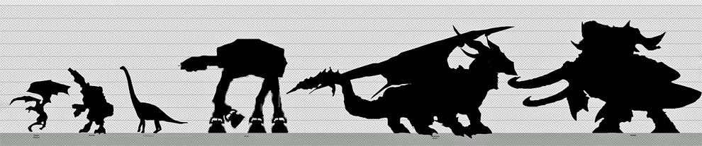 Left to right: Skyrim Dragon, Gears of War Brumak, Brachiosaurus, Star Wars AT-AT, World of Warcraft Deathwing, Starcraft Ultralisk