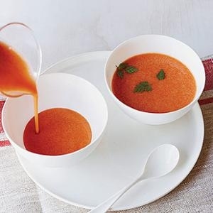 Tinged with hot sauce and sea salt, this soup retains it's sweet watermelon nature. Since chervil is rarely found at common markets, any mix of tarragon, parsley & mint would be an appropriate garnish.