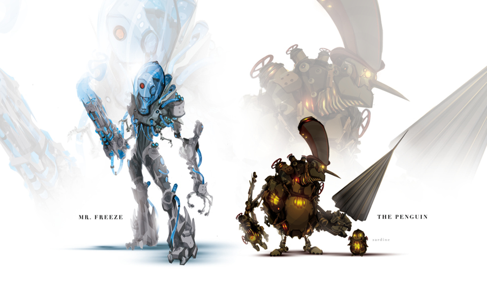 The Freeze Gear is powered by a collection of self-designed cold fusion cells. The extraordinarily long lasting power source allows Freeze to emit a cold temperature pulse capable of causing malfunctions in nearby machinery but makes it difficult for the Gear to function in above freezing internal temperatures.Built on framework of complex gears and hydraulics, the Penguin Gear runs on unknown software and hardware. His unique alloy makes him immune to electrical interference or hacking but rust easily, explaining his perpetuance for umbrellas.