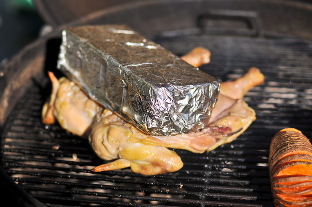 Got a brick? Put it on your chicken. The chicken that's on the grill. Procedure here.