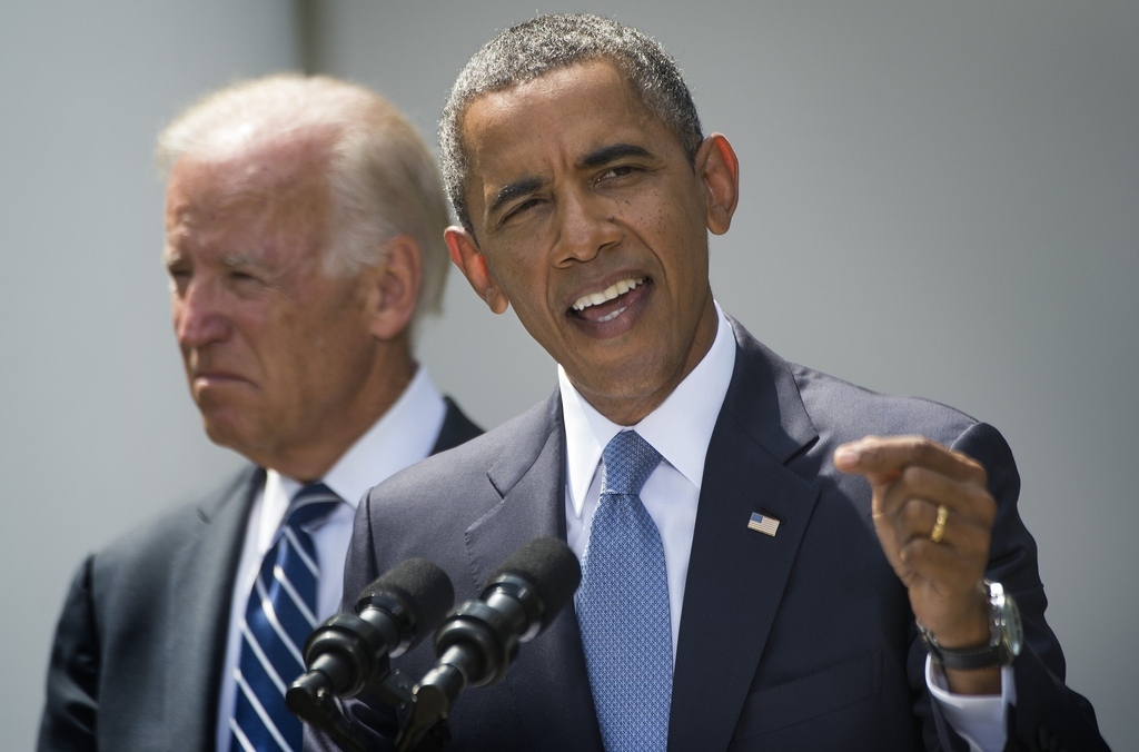 President Obama, with Vice President Biden, during Saturday's Rose Garden address.