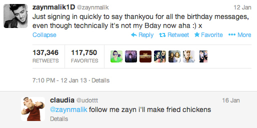 If I were Zayn I'd definitely follow for the fried chickens.