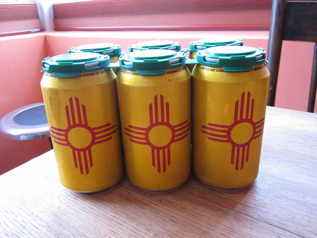 Santa Fe Brewing Co. keeps it simple and patriotic--make that state-triotic-- with their use of the New Mexico state flag.