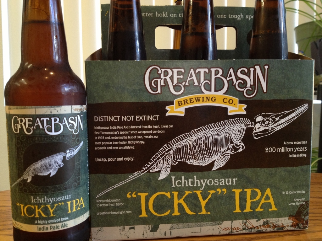 Fossils from the ichthyosaur, an ancient marine mammal that swam in the waters over central Nevada 225 million years ago, are preserved for posterity in the Berlin-Ichthyosaur State Park, which also preserves an old ghost town. Great Basin Brewing made a good decision in making the dolphin dinosaur the star of its label.