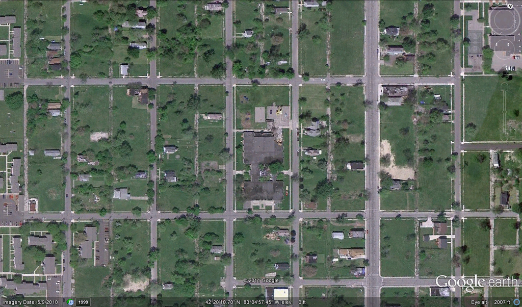 A captured Google Earth image of a section of Detroit. These city blocks have been ravaged by blight over the years, resulting in hundreds of homes and commercial structures being demolished.