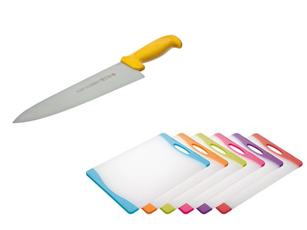 The knife doesn't have to be fancy. It doesn't have to be expensive. (Here's the best one you can get for $20.) It just has to be SHARP as the dickens. As for cutting boards, ideally you'll have a couple of plastic ones since you're doing so much cooking and working with raw poultry. But wooden ones are wonderful too. The most important thing is to clean your cutting board in between every task.