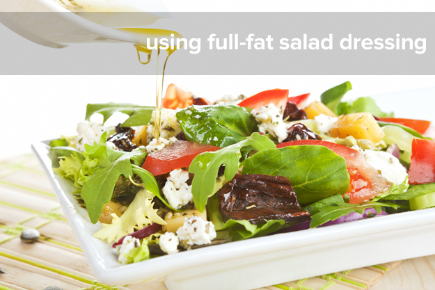 Going fat free might make more sense when you're trying to cut calories but studies have shown that adding some healthy fats to your salad is ultimately better for you. Plus, you'll avoid all the extra sugars some of those lower cal bottled dressings contain.