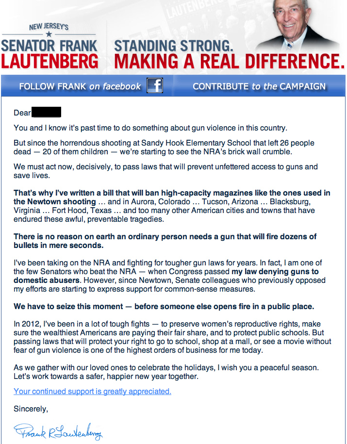 The email blast from U.S. Senator Frank Lautenberg, sent Thursday evening, links to his campaign's fundraising page.