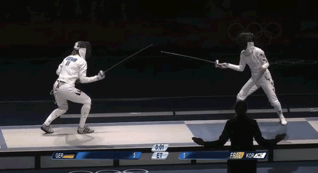 In the match that would decide who would fence for the gold, Germany's Britta Heidemann landed a match-clinching touch. But was it in time? South Korea's Shin A Lam didn't think so. So she refused to leave.Read it.