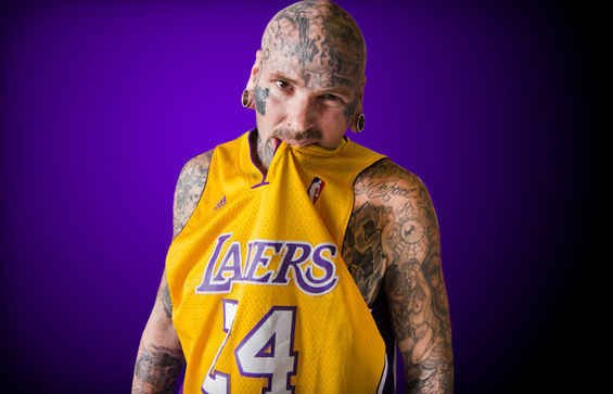 Body piercer at Sin City Tattoo, Trigz is known to his friends as a die hard Lakers fan. Striking a Kobe pose here he shows it's all about Lakers in L.A. Kobe to me is black Jesus. People hate us cuz they aint us. Were having a slow start this year, but we'll be in the playoffs taking another ring. Were the team other teams strive to be.
