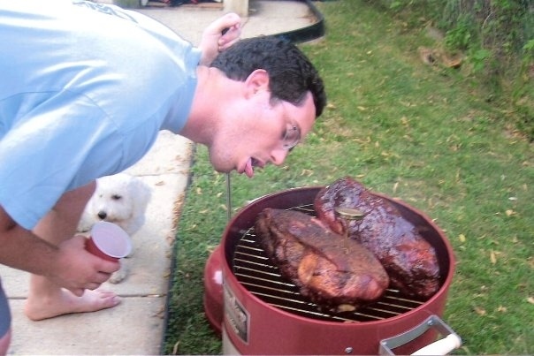 That's my friend James Kapner who had to be asked several times not to lick the meat on the smoker during our college barbecues. I was not in charge of those barbecues, like I am now, because back then I wasn't a "fancy food editor." Now everyone assumes I know what to do with a huge pork shoulder and a smoker — and the truth is that I kind of don't. That all changes this year. 2013 is the year I learn how to smoke huge piles of meat.