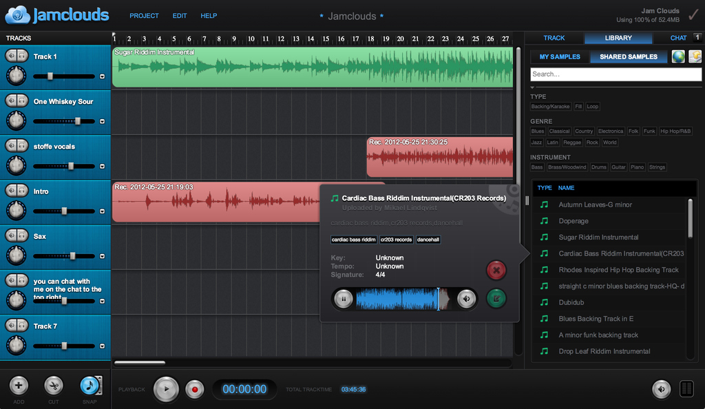 Since 2010 Jamclouds have been working on a collaborative web-studio where musicians can record, import, upload and edit in real time. It’s based on the latest technology in backend software which make it work like google docs but "studio style".