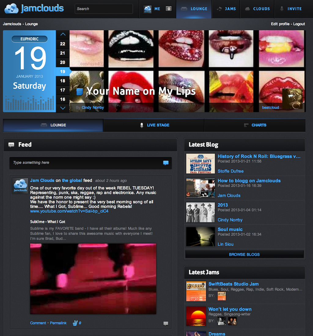 Many music distribution sites serve only the fans, or a combination of artist and fan.Jamclouds serves the entire music industry by bringing together the (4) market audiences that interact on the Jamclouds platform: Artist, Critic, Organizer and FanJamclouds platform, now in version 2, allows creators and critics of music (musicians and bloggers) to:-collaborate in real-time in our proprietary web-studio where musicians can record, --import, upload and edit in real time-create customizable landing pages for bands and artists -discover other musicians to collaborate in live "sessions" or demos-create different profiles-read activity timeline-send private messages-receive recent taskbar activity notifications-share song links -moderate and run their own music-centric blogs and forums (think Vice.com)-create demos from within the platform that can be easily published, promoted, and -shared with other networks, organizers, bloggers and fans