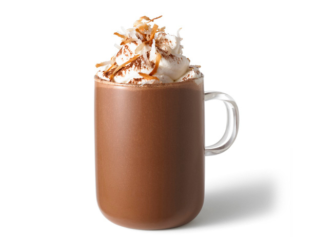 Ain't nobody got time for all of that, Bobby Flay.IngredientsFor the whipped cream:3/4 cup very cold heavy cream1/2 cup Marshmallow Fluff2 tablespoons almond-flavored liqueur (such as amaretto), or 1/4 teaspoon pure almond extract1/4 teaspoon pure vanilla extractFor the chocolate:1 cup whole milk1 14-ounce can unsweetened coconut milk2 tablespoons good-quality unsweetened cocoa powder (such as Valrhona or Ghirardelli), plus more for garnish3 tablespoons packed light brown sugar1/2 cup good-quality bittersweet chocolate chips (such as Callebaut or Ghirardelli)1/4 teaspoon pure vanilla extractPinch of fine sea salt1/2 cup sweetened shredded coconut, lightly toastedDirectionsMake the whipped cream: Combine the heavy cream, Fluff, almond liqueur and vanilla in the bowl of a stand mixer fitted with the whisk attachment; whip until soft peaks form.Make the hot chocolate: Combine the whole milk and coconut milk in a saucepan over medium heat and bring to a simmer. Whisk in the cocoa powder, brown sugar, chocolate chips, vanilla and salt; cook, whisking constantly, until the sugar and chocolate melt and the mixture is smooth and thick, about 5 minutes.Divide the hot chocolate among mugs and top with a large dollop of the whipped cream. Dust with cocoa powder and garnish with toasted coconut.See the recipe at Food Network