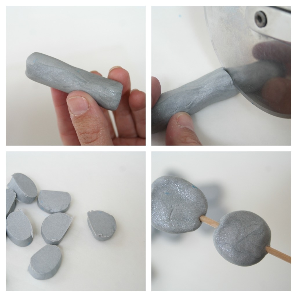 For a triangle shape: Roll your clay into a burrito shape. Use a knife or pizza cutter to flatten your clay. Then cut your clay at a diagonal, making a series of triangle shapes. Mold your triangles and stick toothpick into the bottom.
