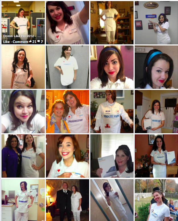 After Halloween 2011 inspired countless homemade Flo costumes, Progressive capitalized on the Flo frenzy by selling an official costume through Amazon, which became the third top selling costume in 2012. For thrifty Flo fans, Progressive's "Dress Like Flo" page outlines how to DIY the Flo allure, right down to the correct shade of MAC lipstick (Lady Bug) and downloadable name tag and autobox.