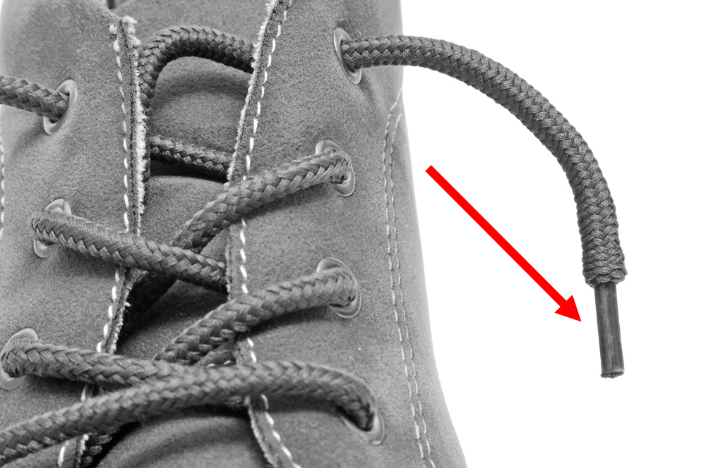 The small plastic or metal sheathing at the end of a shoelace.