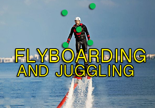 Guys doing a crazy stunt on a water powered Jet Pack called Flyboarding