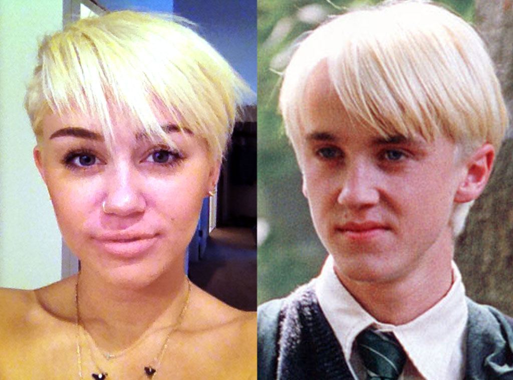 Ok, here we go, Miley's first short blonde haircut. Do we like it? Not really. But that's ok, because Miley is finally transitioning from the world of Disney stars into the world of crazy psychotic drugged up Hollywood girls who don't know when to just shut up and go to bed already. And we like her better this way!