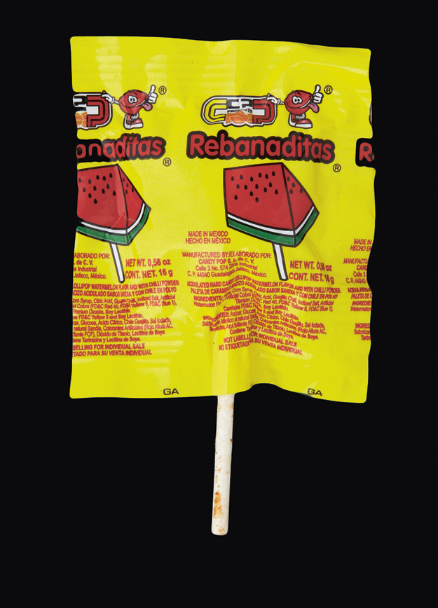 Watermelon and chile lollipop.