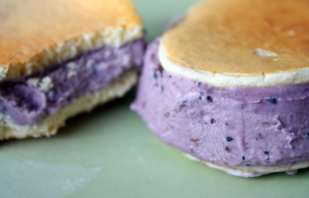Why settle for blueberry pancakes when you could have blueberry ice cream pancake sandwiches? Don't answer that, just make them and eat them. Recipe here.