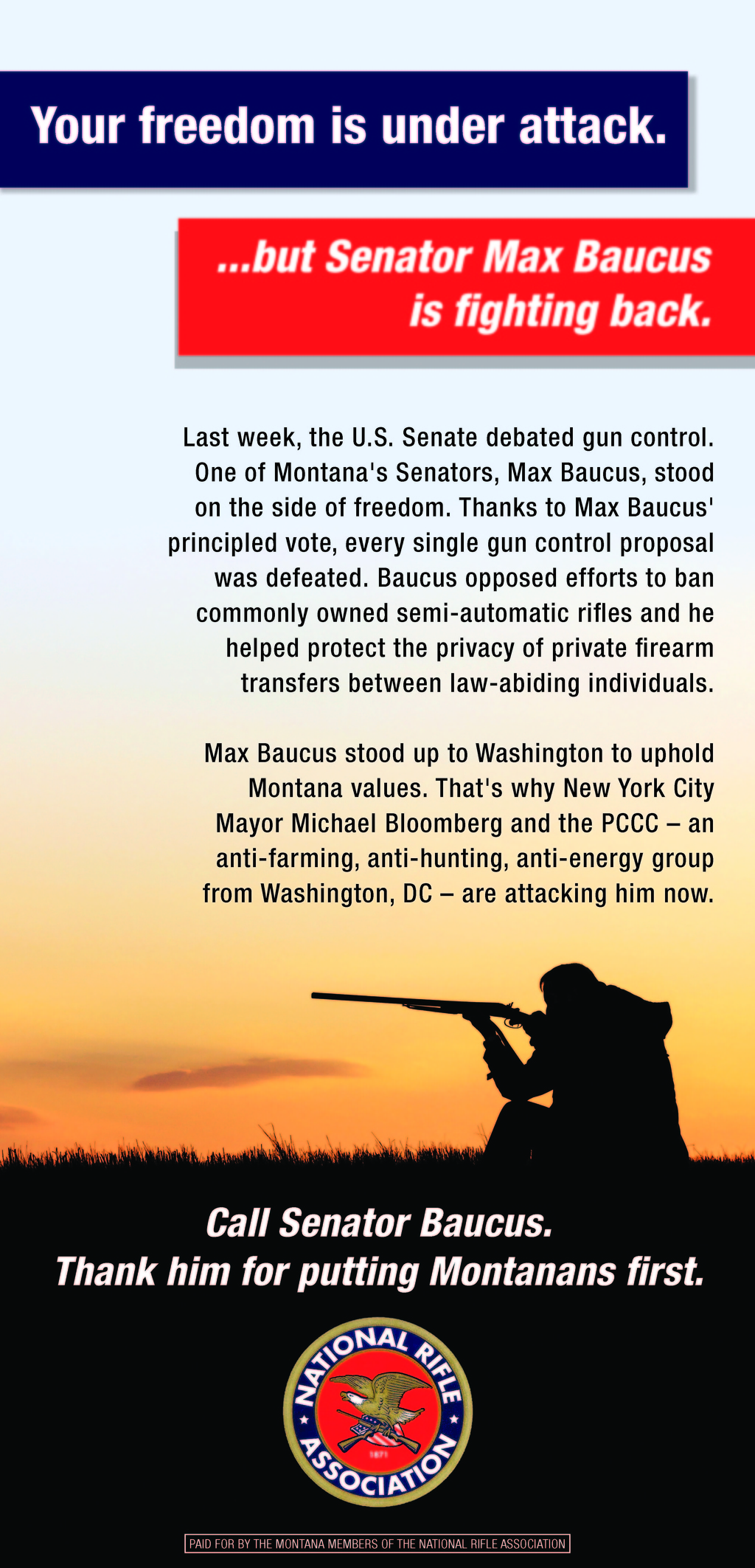 The NRA's full-page ad, featured in Montana newspapers last week, thanks Baucus for voting against the Manchin amendment to expand background checks on gun sales.