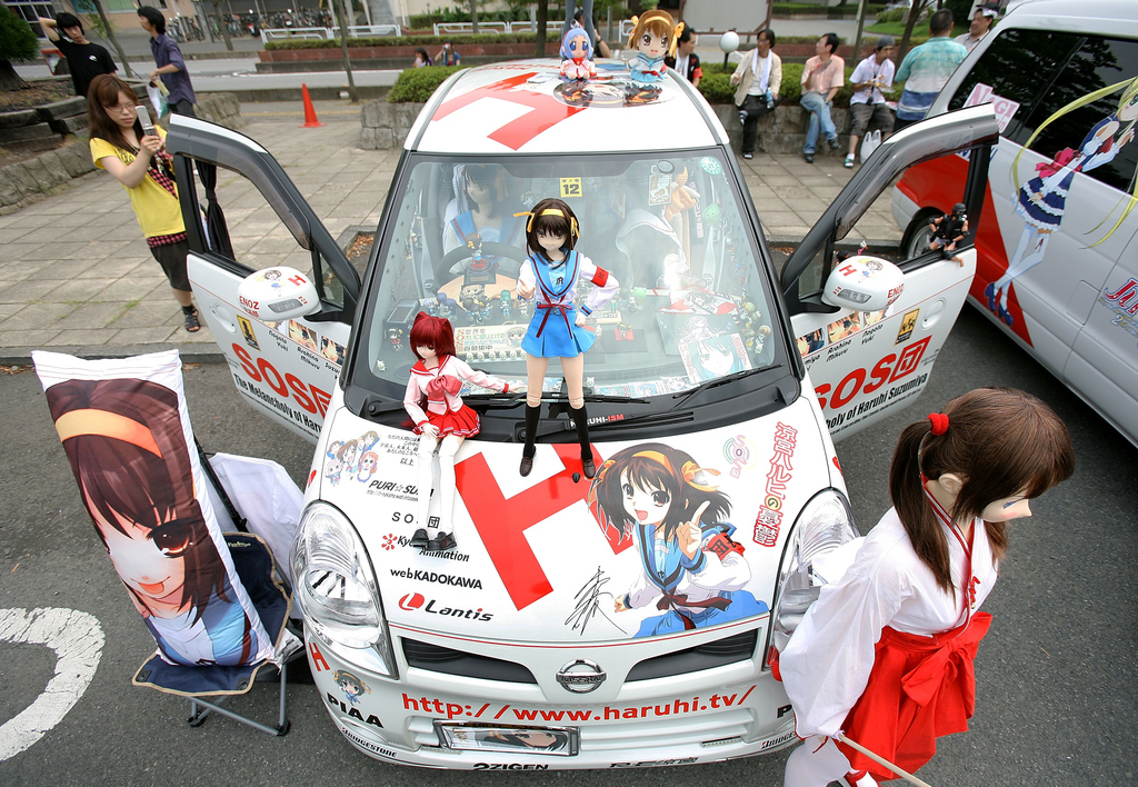 Some anime fans take their devotion to the next level by turning their cars into itasha by plastering their cars with stickers and other paraphernalia of their favorite characters.