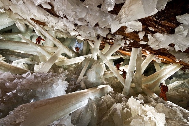 In 2000, some miners found an underground cave that contained giant selenite crystals up to 11 meters long while tunnelling the Naica mine, in Chihuahua,.