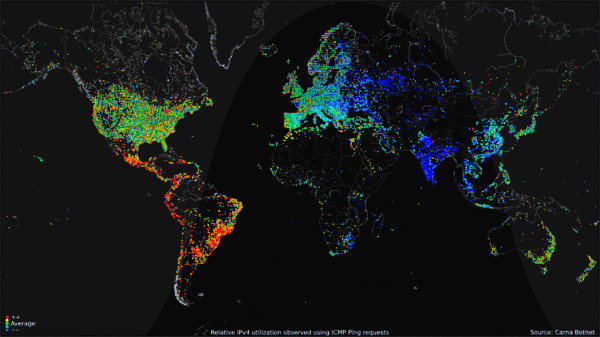 This animated map illustrates the relative average utilization over 24 hours of IPv4 addresses across the world.