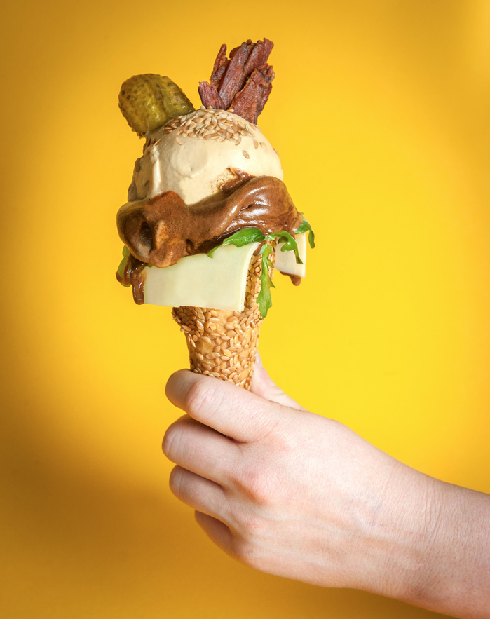 The ice cream consists of minced chargrilled beef mixed into the ice cream base to add flavour before its sieved out. Created by ice cream specialists Sorbitium Ices, the Burger Ice Cream is only available for one day only on the UK's first National Burger Day on 27 August.Photo credit: Tom Bowles, http://thomasbowles.dphoto.com/