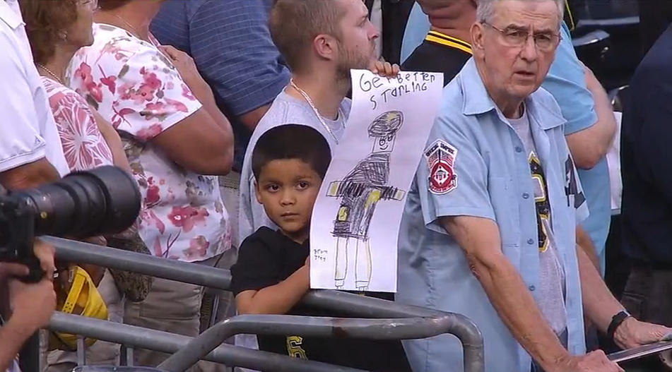 Last Saturday, the Pittsburgh Pirates placed outfielder Starling Marte on the 15-day disabled list with a bruised right hand. On Thursday, a young fan made him a "Get Better" sign.
