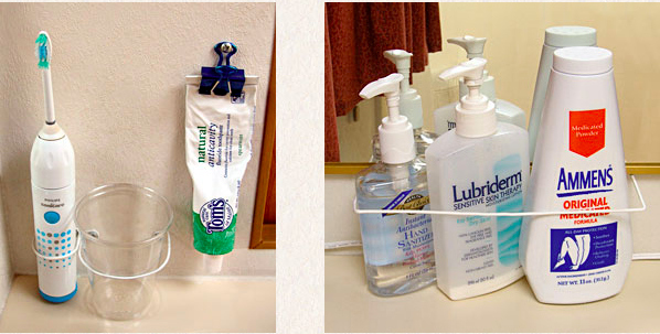 Use coat hangers and binder clips to corral toiletries.