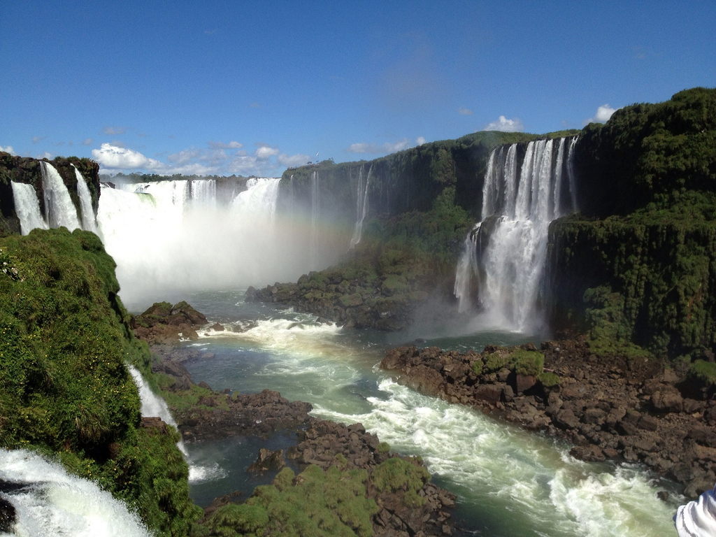 South America's majestic Iguazu Falls are some of the world's largest. They are accessible from either Brazil, Argentina, or Paraguay as they cover portions of the three countries' borders.