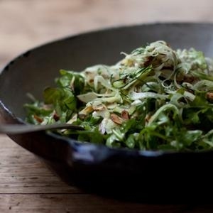 Toss paper-thin slices of zucchini & fennel with dill and lemon juice and set to marinate before finishing with a pile of fresh arugula, pine nuts and feta.