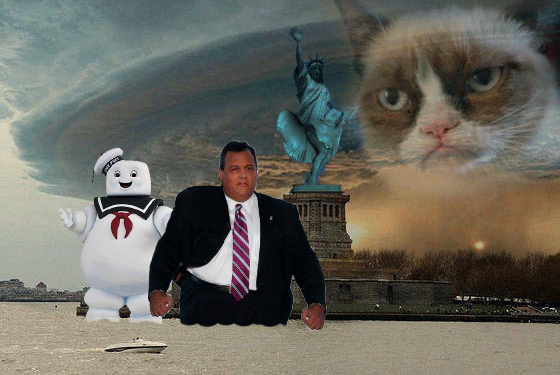 Chris Christie and the Sta-Puft Marshmallow Man wading through shark infested waters with a Marilyn Monroe Statue of Liberty being watched over by a Grumpy Cat cloud. Image made by @darth