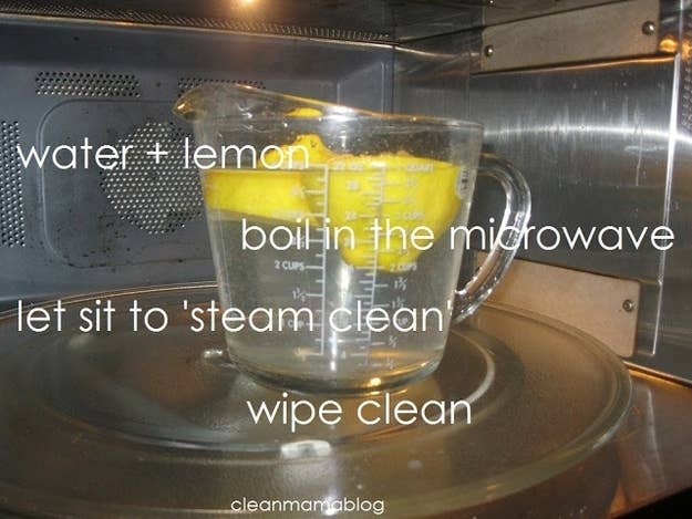Microwave some water with lemon juice for three minutes, then let it sit undisturbed for another five. This will loosen any sticky mess inside the microwave, which you can then wipe off with a wet sponge and dishwashing liquid, then rinse.