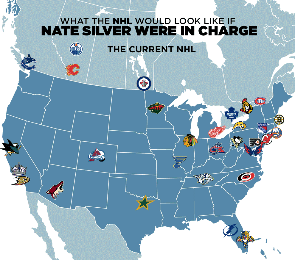 (Silver didn't specifically recommend that the Coyotes move to Seattle, the Ducks to Hamilton, etc., just that the former set of teams be eliminated and the latter created. We added the lines to help emphasize the northward shift he recommends.)