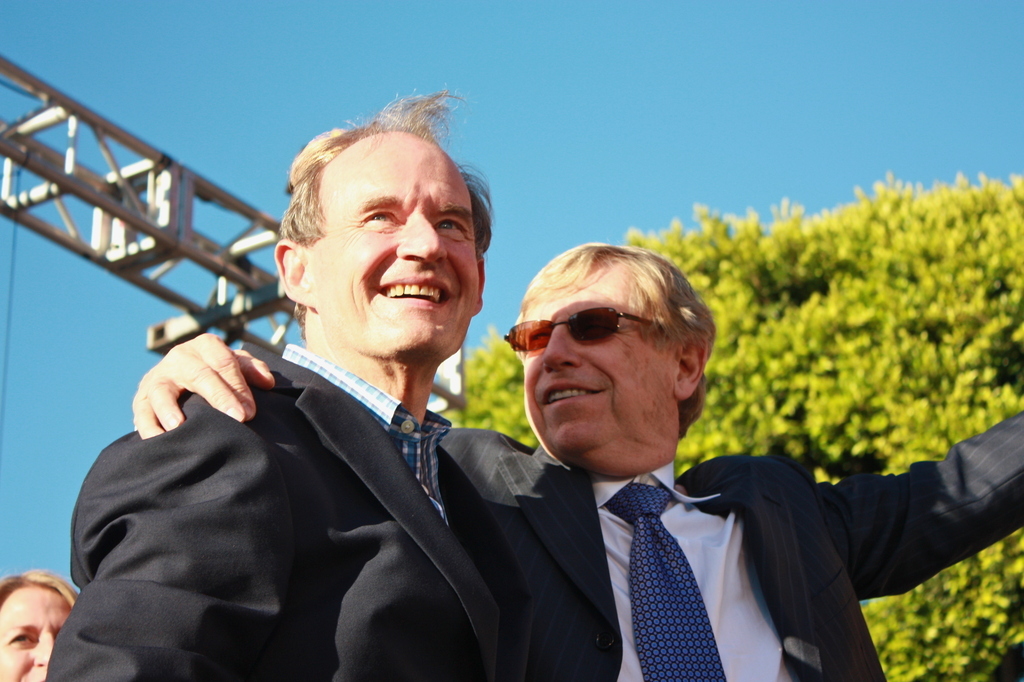 David Boises and Ted Olson, two high profile lawyers from opposite sides of the political spectrum stand side by side on the issue of marriage equality. The two attorney's faced off during Bush v. Gore but were both recruited by the American Foundation for Equal Rights, a non profit organization, to fight against Prop. 8. Often referred to as the 'odd couple', Boises told the crowd the one thing the two agree on is "human dignity." Olson, a long time conservative, applauded the crowd for their vigilant activism in turning around public opinion about marriage-equality. "There's been a shift in the population," Olson said, by his estimation, never in modern history had so many people changed their minds about "an issue with so much controversy as fast."